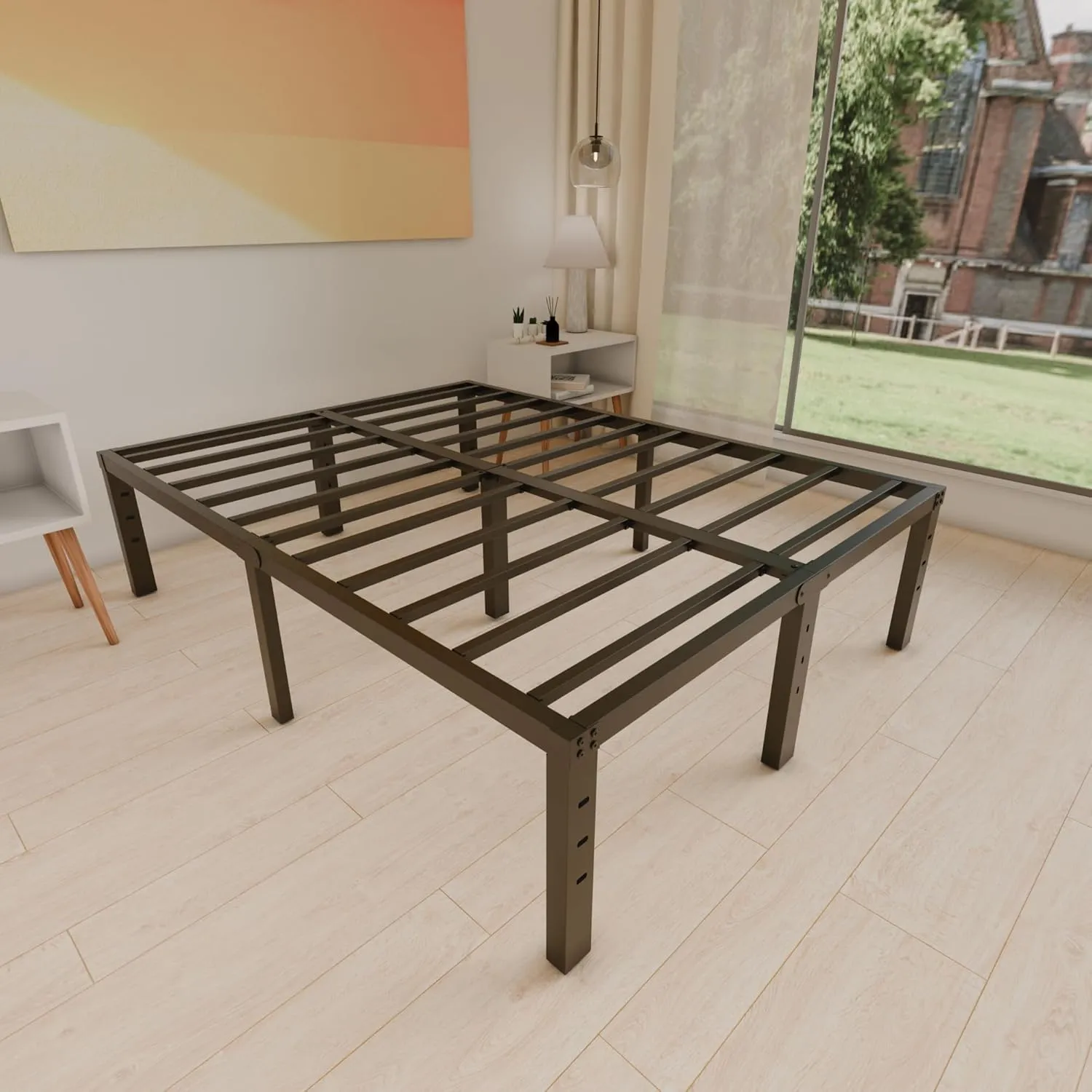 16 Inch Full Size Bed Frame - No Box Spring Needed Heavy Duty Black Metal Platform Mattress Foundation, Non-Slip Noise Free Easy Assembly Steel Slats Bedframes with Cleance Storage