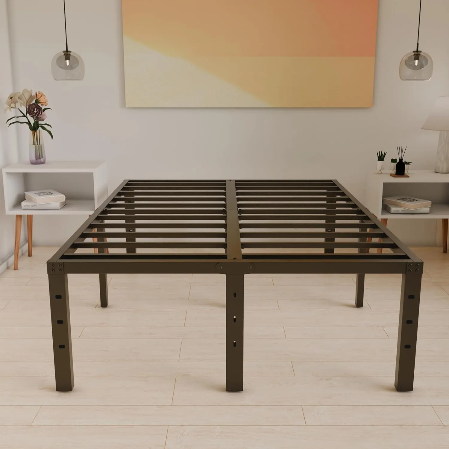 16 Inch Full Size Bed Frame - No Box Spring Needed Heavy Duty Black Metal Platform Mattress Foundation, Non-Slip Noise Free Easy Assembly Steel Slats Bedframes with Cleance Storage