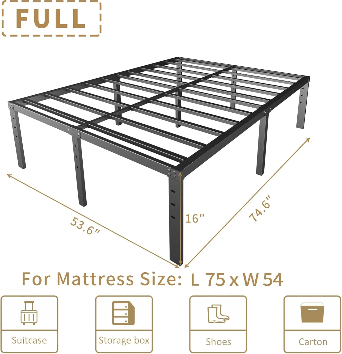 16 Inch Full Size Bed Frame - No Box Spring Needed Heavy Duty Black Metal Platform Mattress Foundation, Non-Slip Noise Free Easy Assembly Steel Slats Bedframes with Cleance Storage