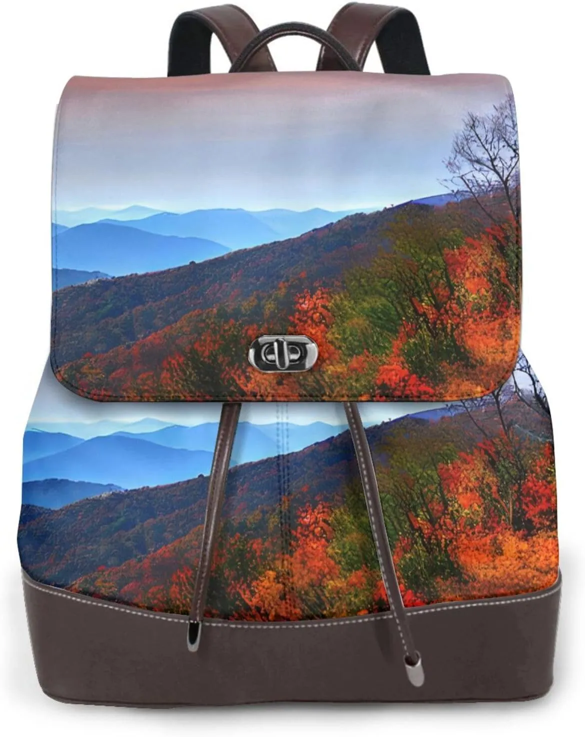 Blue Ridge Mountains Print Adjustable Casual Travel Hiking Knapsacks Leather Backpack Purse Laptop Rucksack Bag
