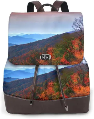 Blue Ridge Mountains Print Adjustable Casual Travel Hiking Knapsacks Leather Backpack Purse Laptop Rucksack Bag