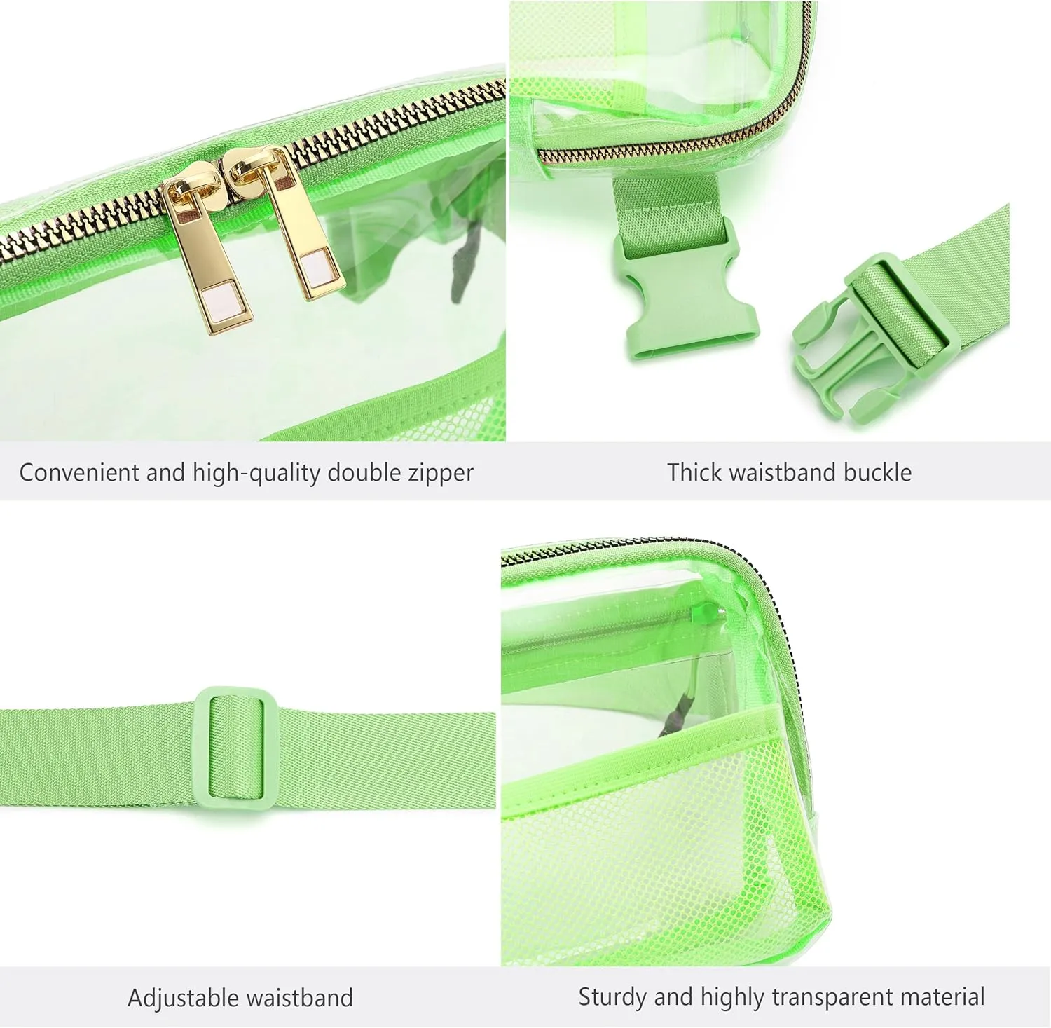 Brilliant Green Clear Belt Bag Fanny Pack Stadium Approved Crossbody Waist Bag for Women Men with Adjustable Strap for Concerts Sports Travelling Hiking Running