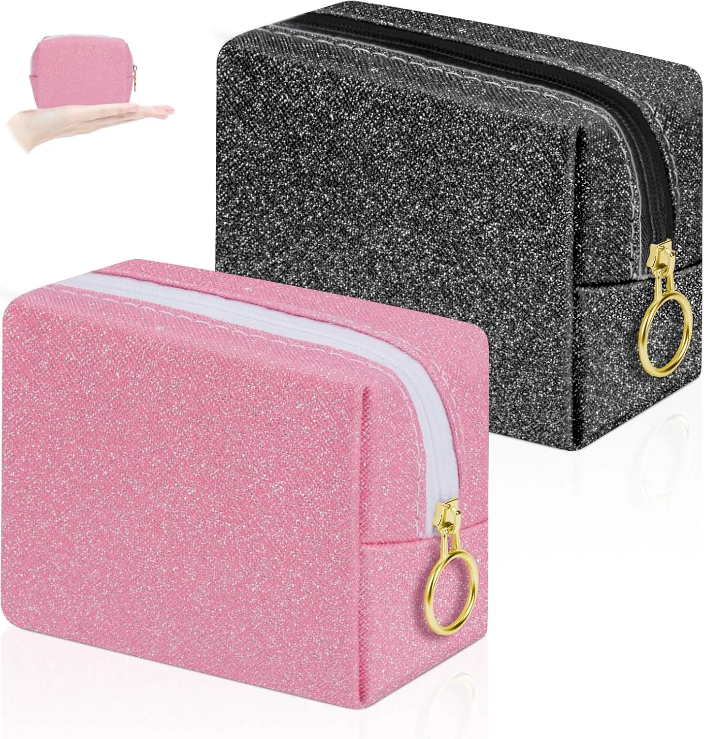 Desing Wish Shining Mini Makeup Bag for Purse Portable Lipstick Pouch Soft PU Leather Small Cosmetic Bag for Travel Cute Lipstick Bag for Chapsticks/Makeup/Keys/Earphones (Glitter Black/Pink)