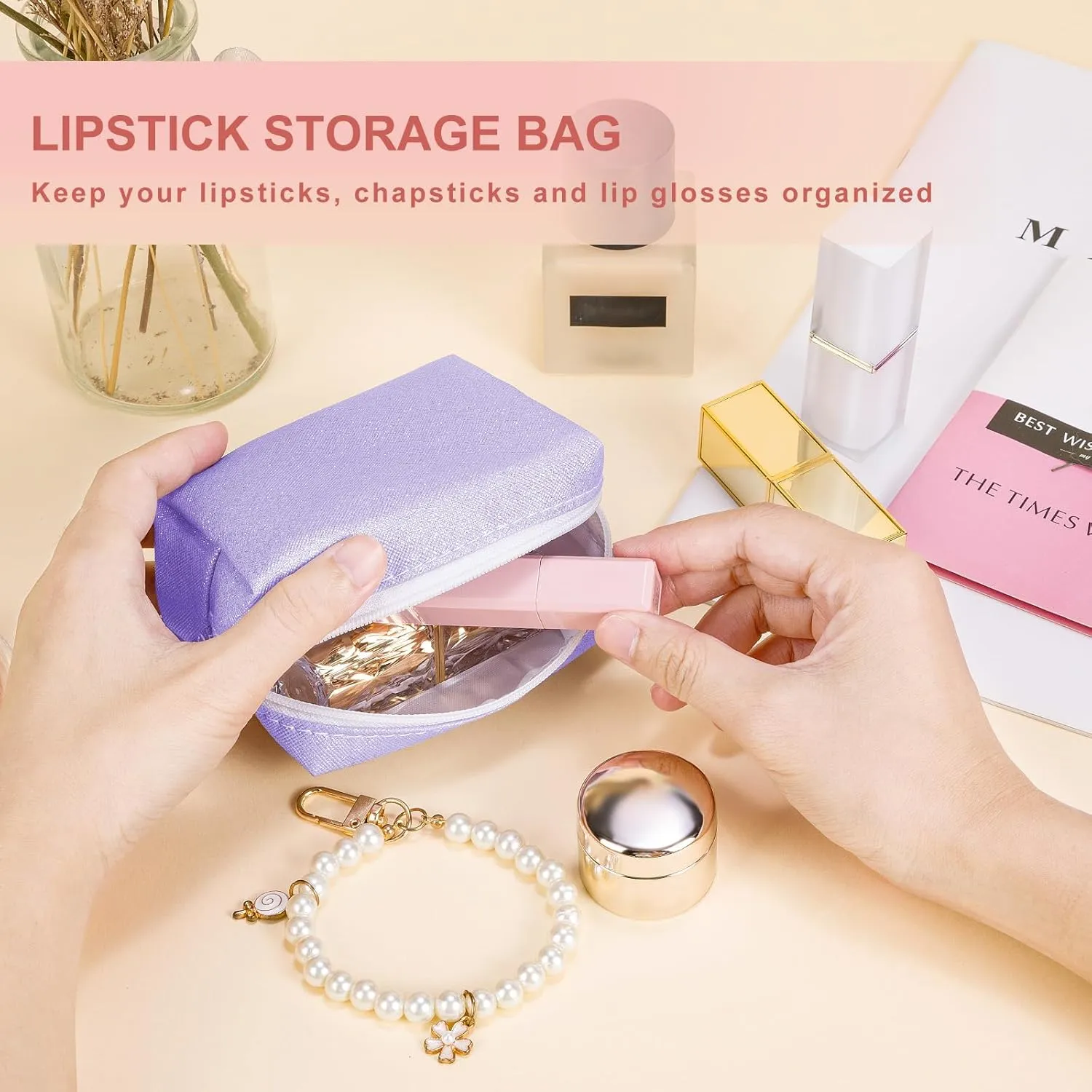 Desing Wish Shining Mini Makeup Bag for Purse Portable Lipstick Pouch Soft PU Leather Small Cosmetic Bag for Travel Cute Lipstick Bag for Chapsticks/Makeup/Keys/Earphones (Glitter Black/Pink)