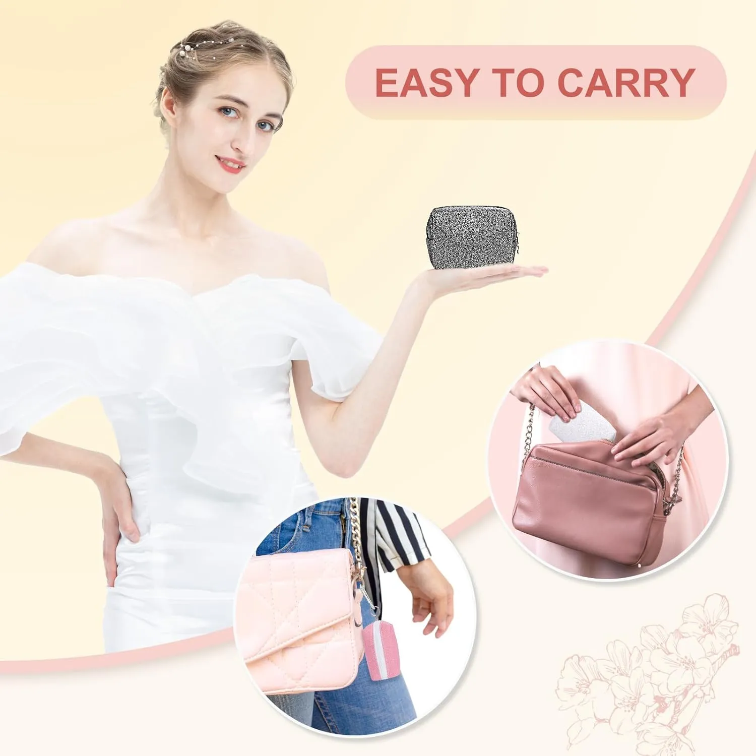 Desing Wish Shining Mini Makeup Bag for Purse Portable Lipstick Pouch Soft PU Leather Small Cosmetic Bag for Travel Cute Lipstick Bag for Chapsticks/Makeup/Keys/Earphones (Glitter Black/Pink)