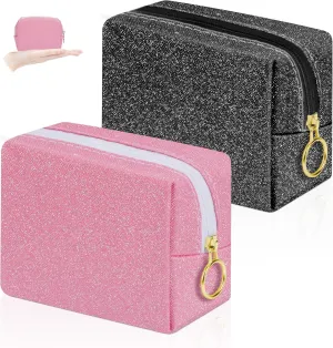 Desing Wish Shining Mini Makeup Bag for Purse Portable Lipstick Pouch Soft PU Leather Small Cosmetic Bag for Travel Cute Lipstick Bag for Chapsticks/Makeup/Keys/Earphones (Glitter Black/Pink)