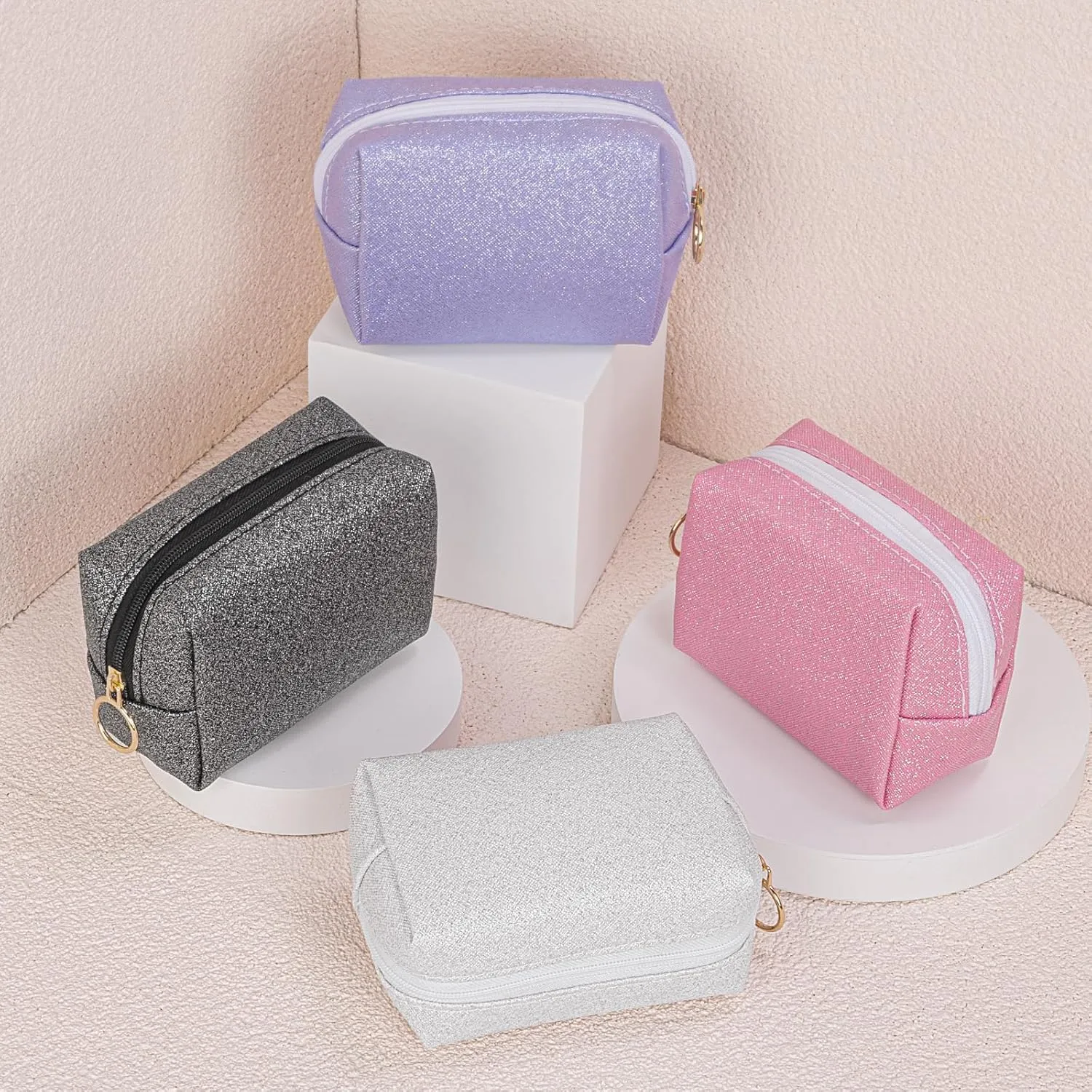 Desing Wish Shining Mini Makeup Bag for Purse Portable Lipstick Pouch Soft PU Leather Small Cosmetic Bag for Travel Cute Lipstick Bag for Chapsticks/Makeup/Keys/Earphones (Glitter Black/Pink)