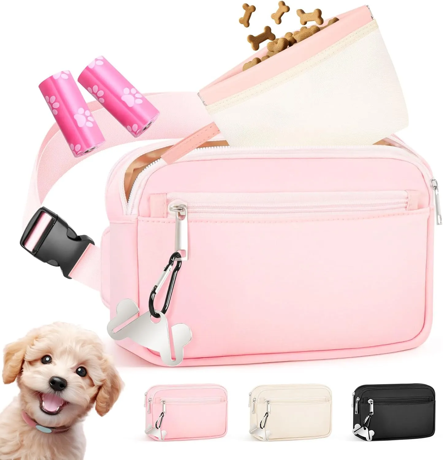 Dog Treat Pouch & Dog Walking Bag,Removable Treat Pouches for Pet Training,Stylish Puppy Walking Fanny Pack with Used Waste Bag Holder,Pink
