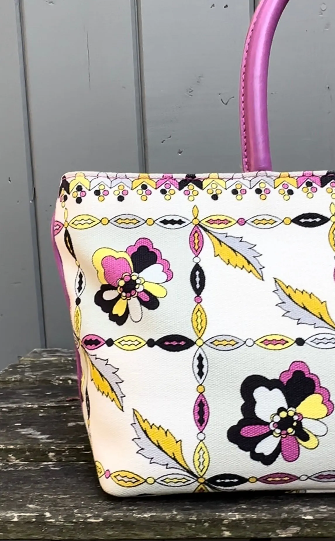 EMILIO PUCCI Vintage Floral Print Canvas Leather Top Handle Tote
