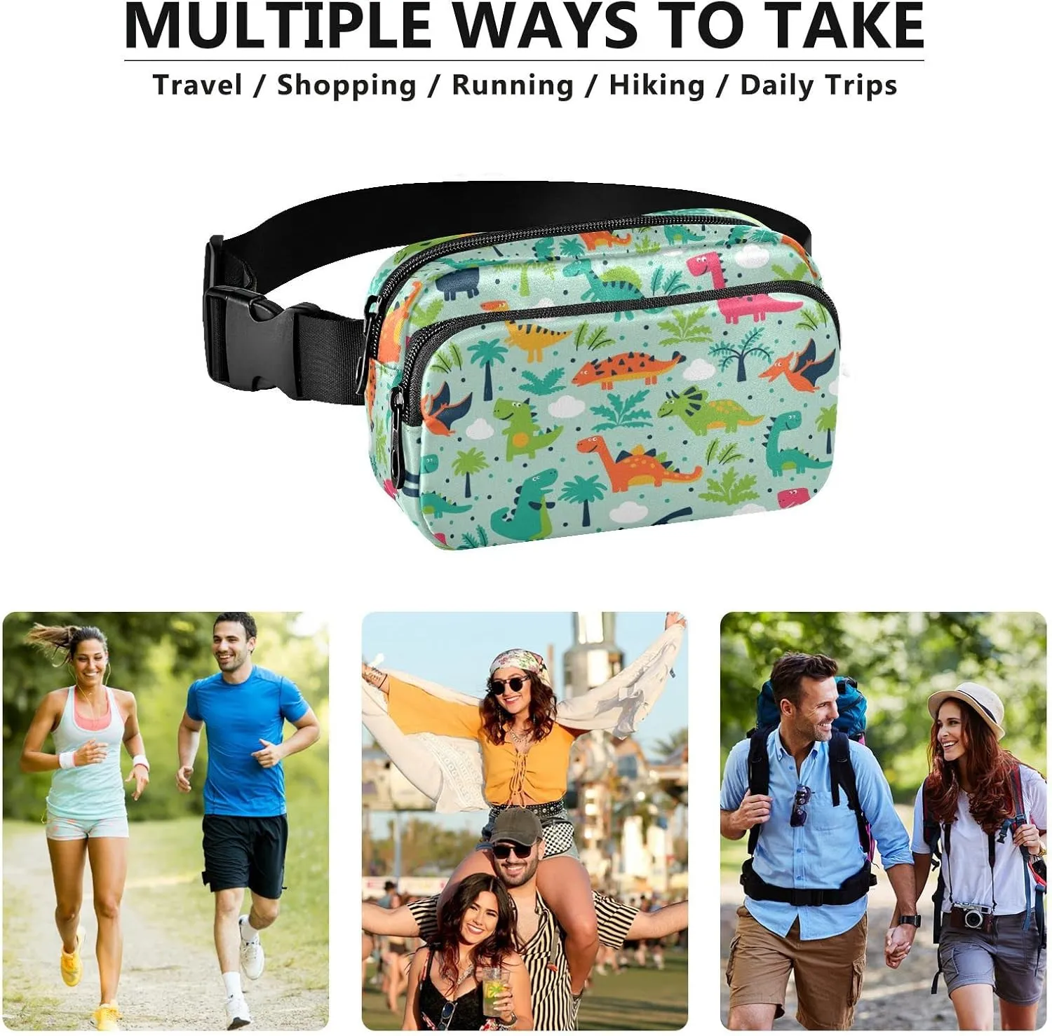 Funny Dinosaurs Fanny Pack for Men Women,Crossbody Waist Bag Pack with Adjustable Strap Mini Belt Bag for Running Cycling