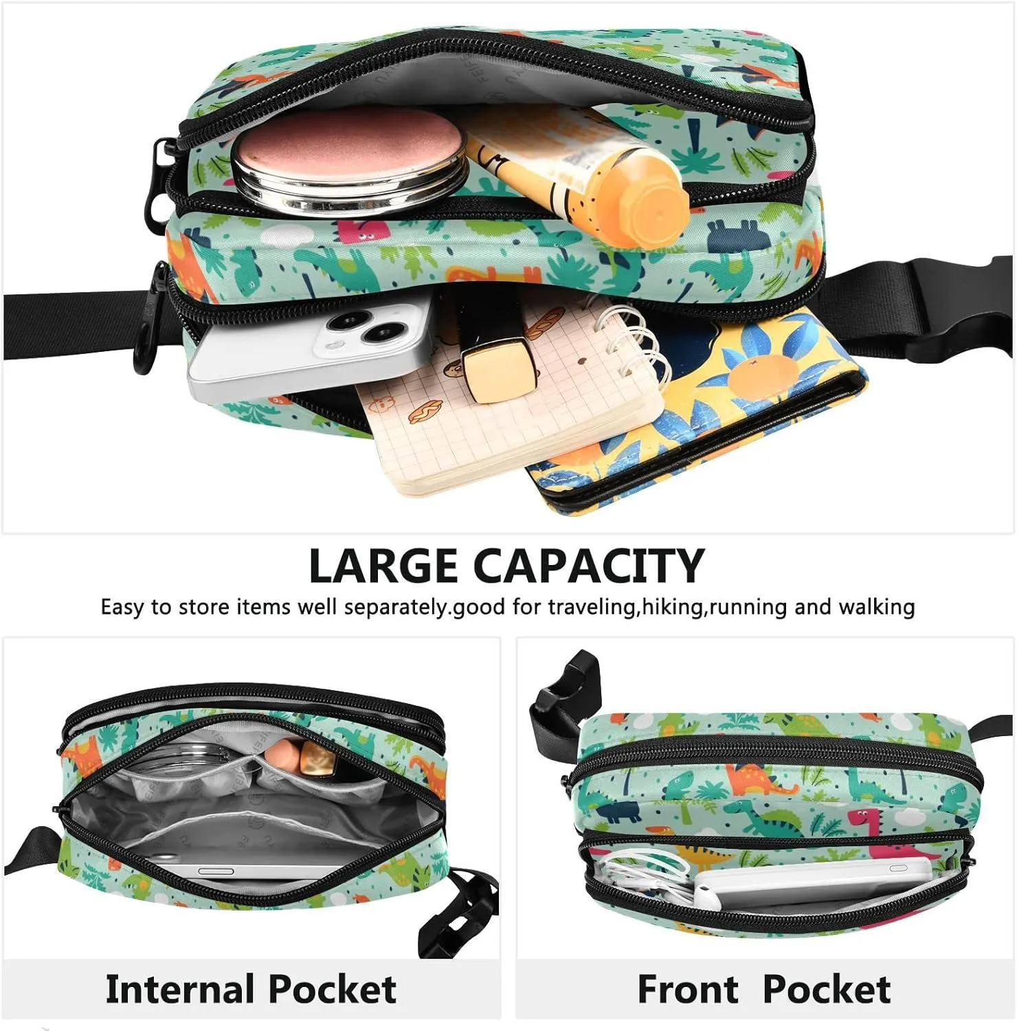 Funny Dinosaurs Fanny Pack for Men Women,Crossbody Waist Bag Pack with Adjustable Strap Mini Belt Bag for Running Cycling