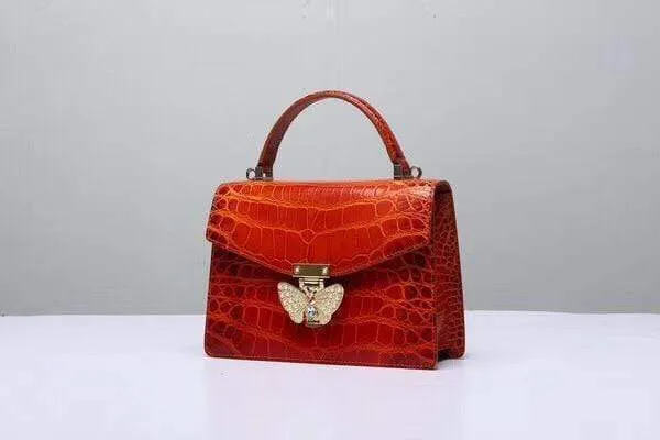 Genuine Crocodile  Leather Top Handle Cross Body Bag Vintage Red