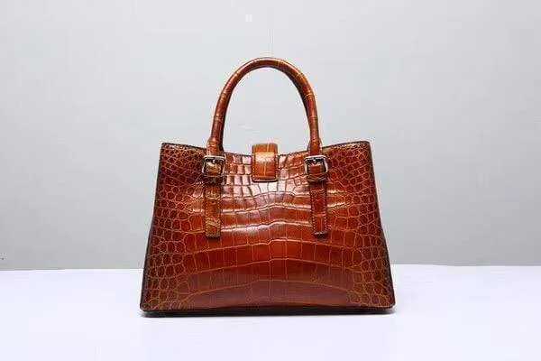 Genuine  Crocodile Leather Top Handle Tote  Shoulder Bag Vintage Wine Red