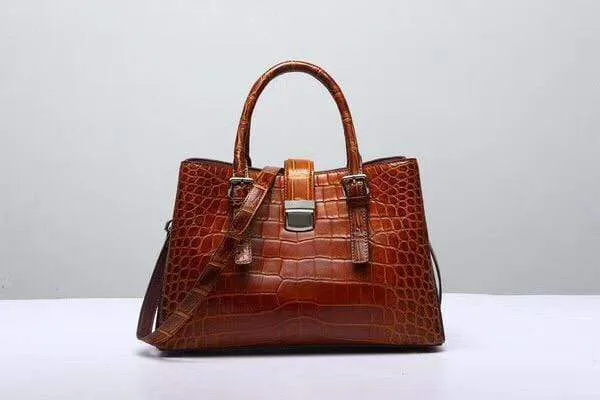 Genuine  Crocodile Leather Top Handle Tote  Shoulder Bag Vintage Wine Red