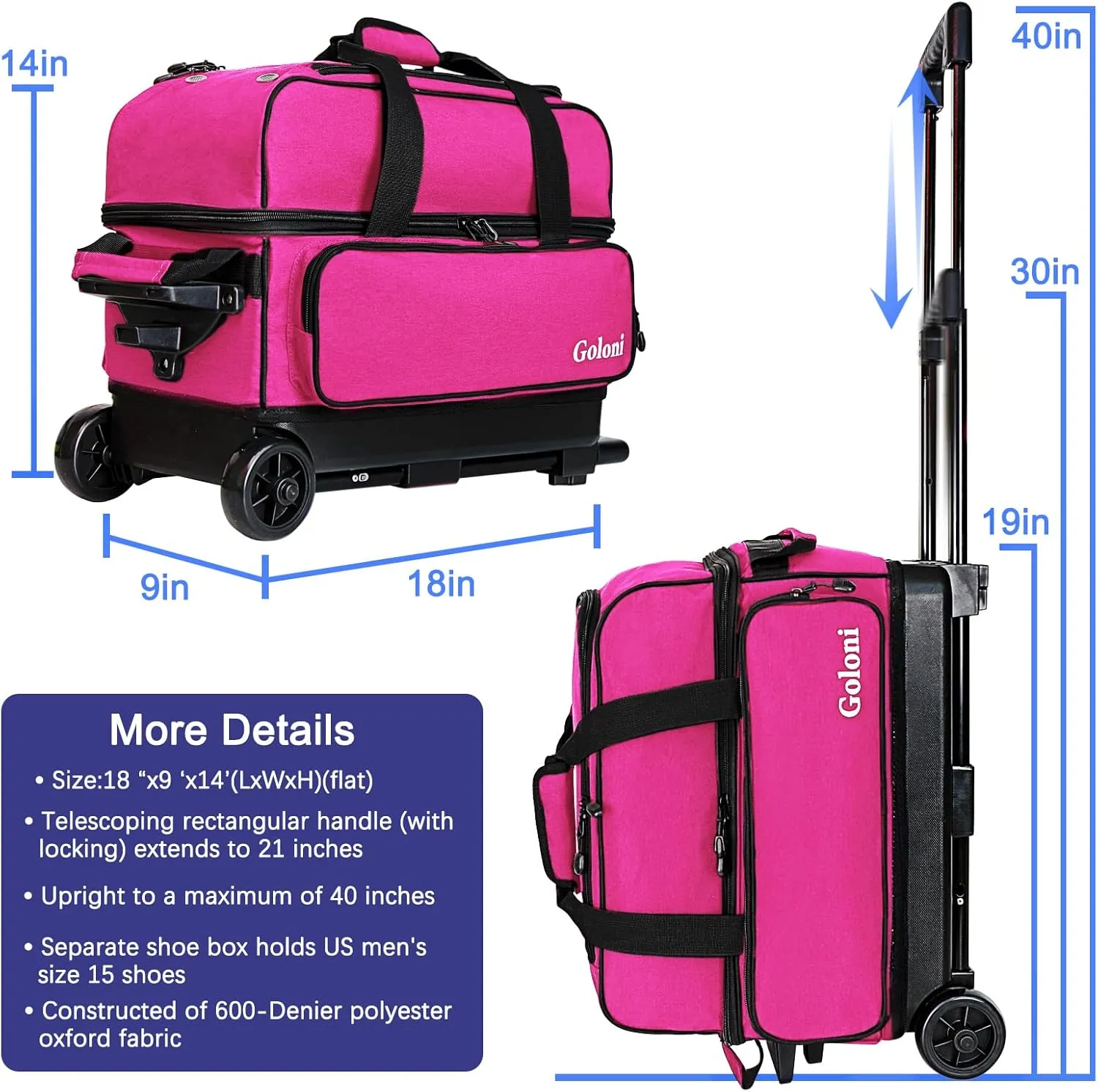 Goloni Double Roller 2 Ball Bowling Bag with Separate Shoe Compartment,2 Ball Bowling Bag with Wheels,Retractable Handle Extends to 40"