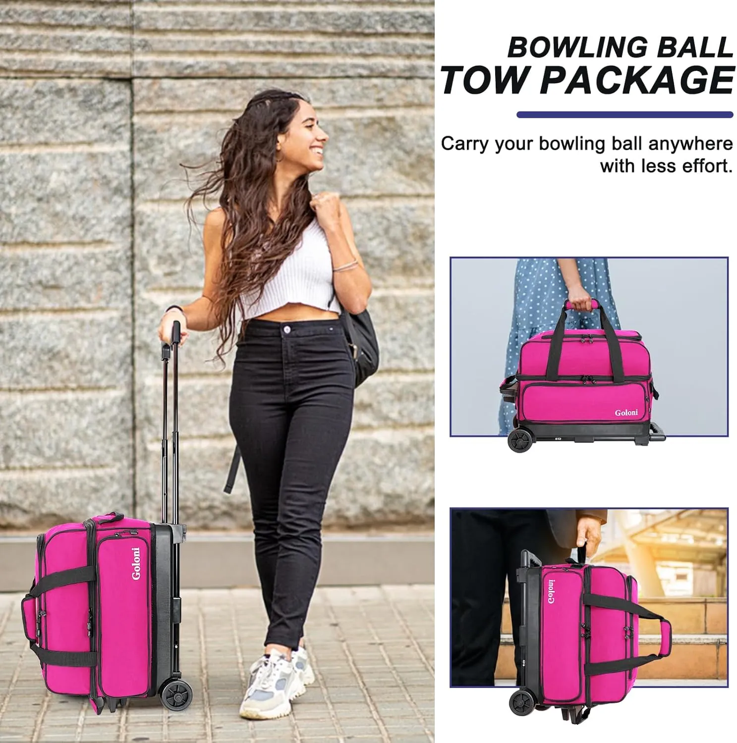 Goloni Double Roller 2 Ball Bowling Bag with Separate Shoe Compartment,2 Ball Bowling Bag with Wheels,Retractable Handle Extends to 40"