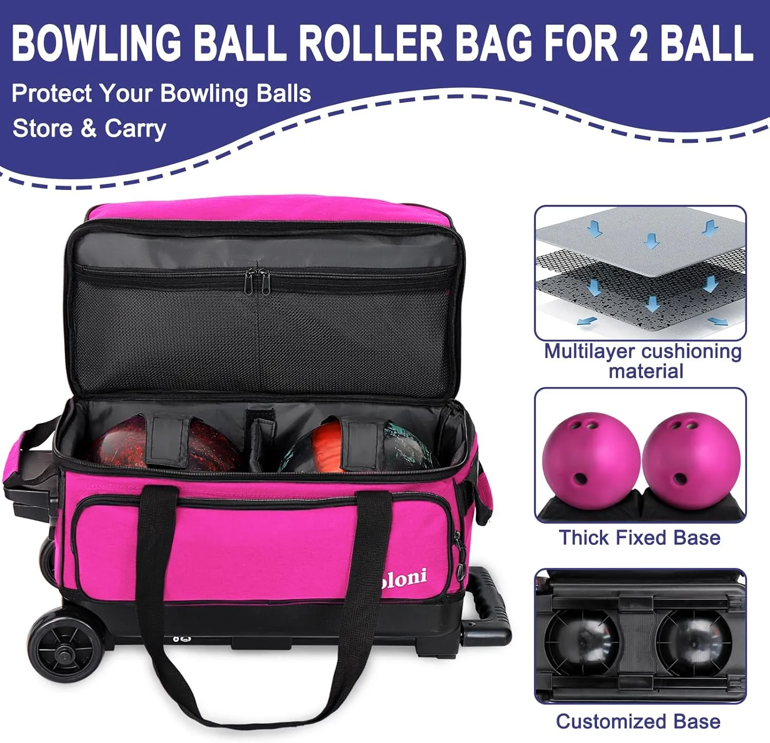 Goloni Double Roller 2 Ball Bowling Bag with Separate Shoe Compartment,2 Ball Bowling Bag with Wheels,Retractable Handle Extends to 40"