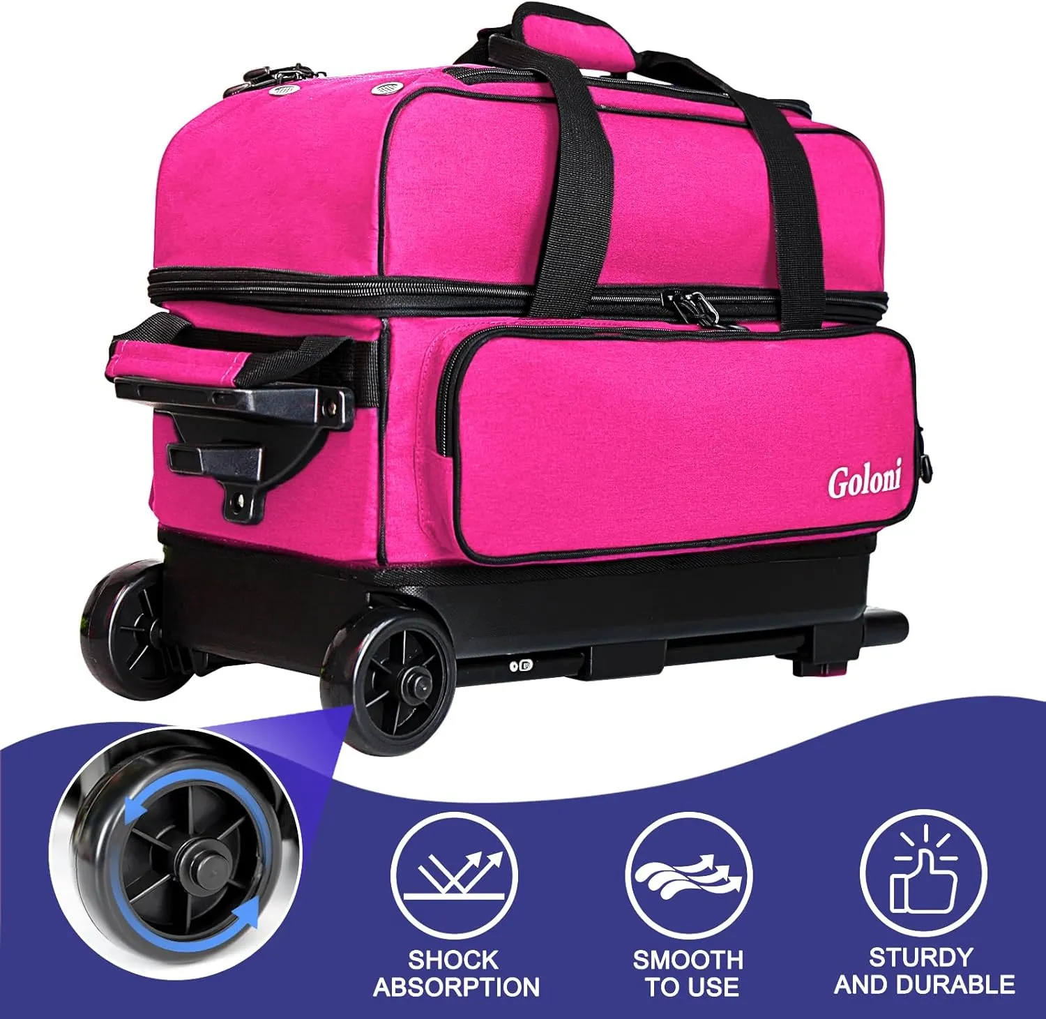 Goloni Double Roller 2 Ball Bowling Bag with Separate Shoe Compartment,2 Ball Bowling Bag with Wheels,Retractable Handle Extends to 40"