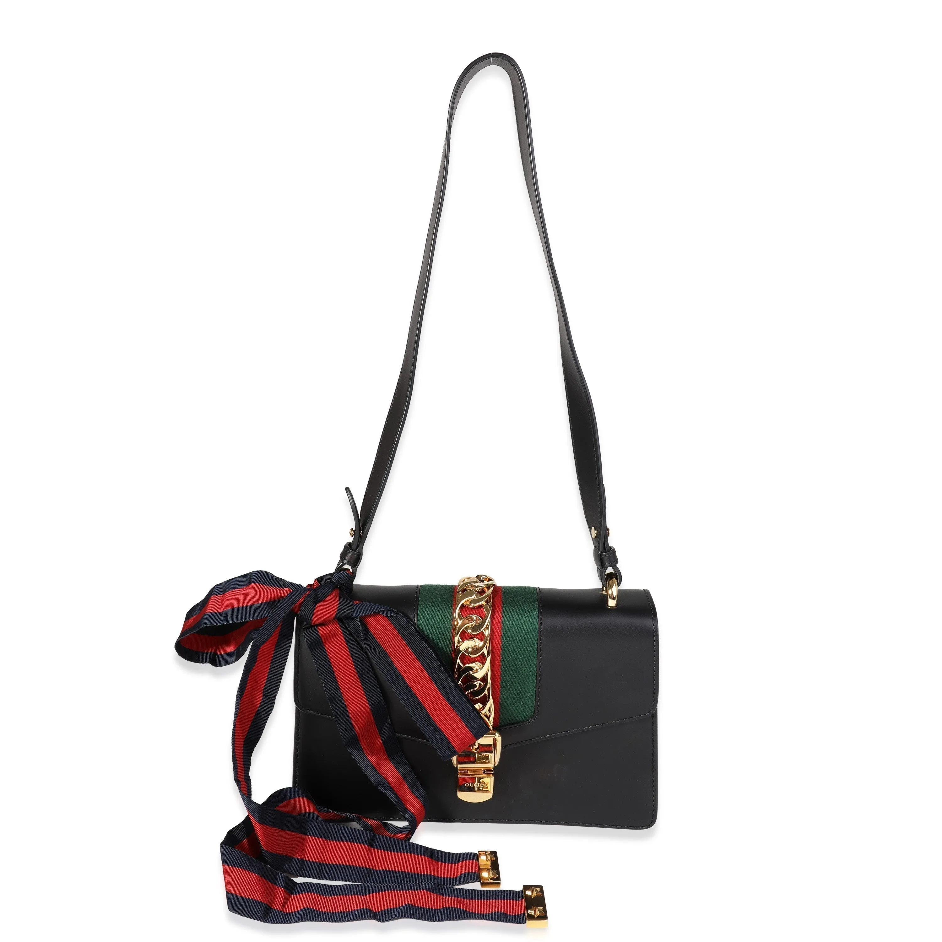 GUCCI Black Smooth Leather & Web Small Sylvie Shoulder Bag