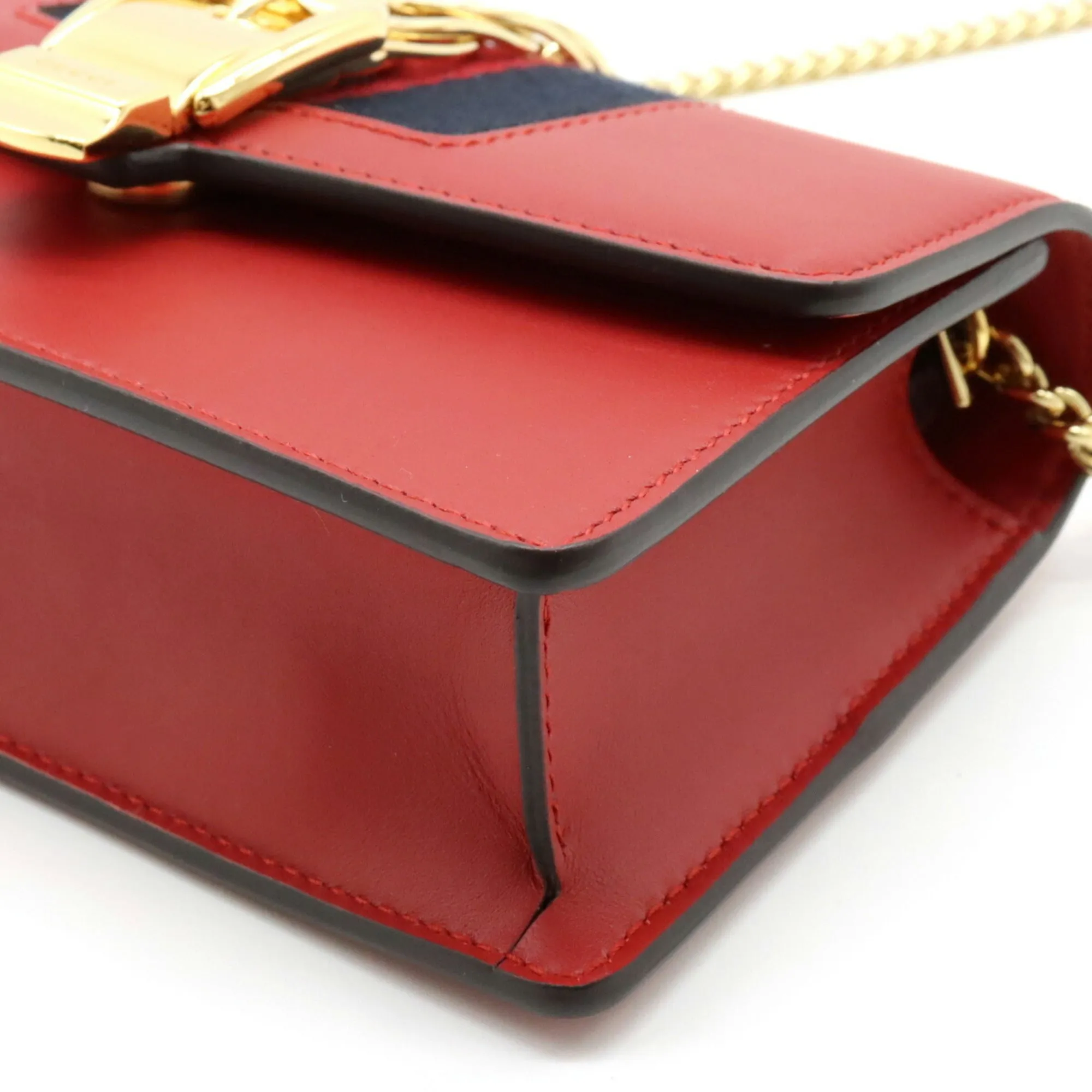 GUCCI Sylvie Webline Chain Shoulder Bag Pochette Clutch Leather Red 494646