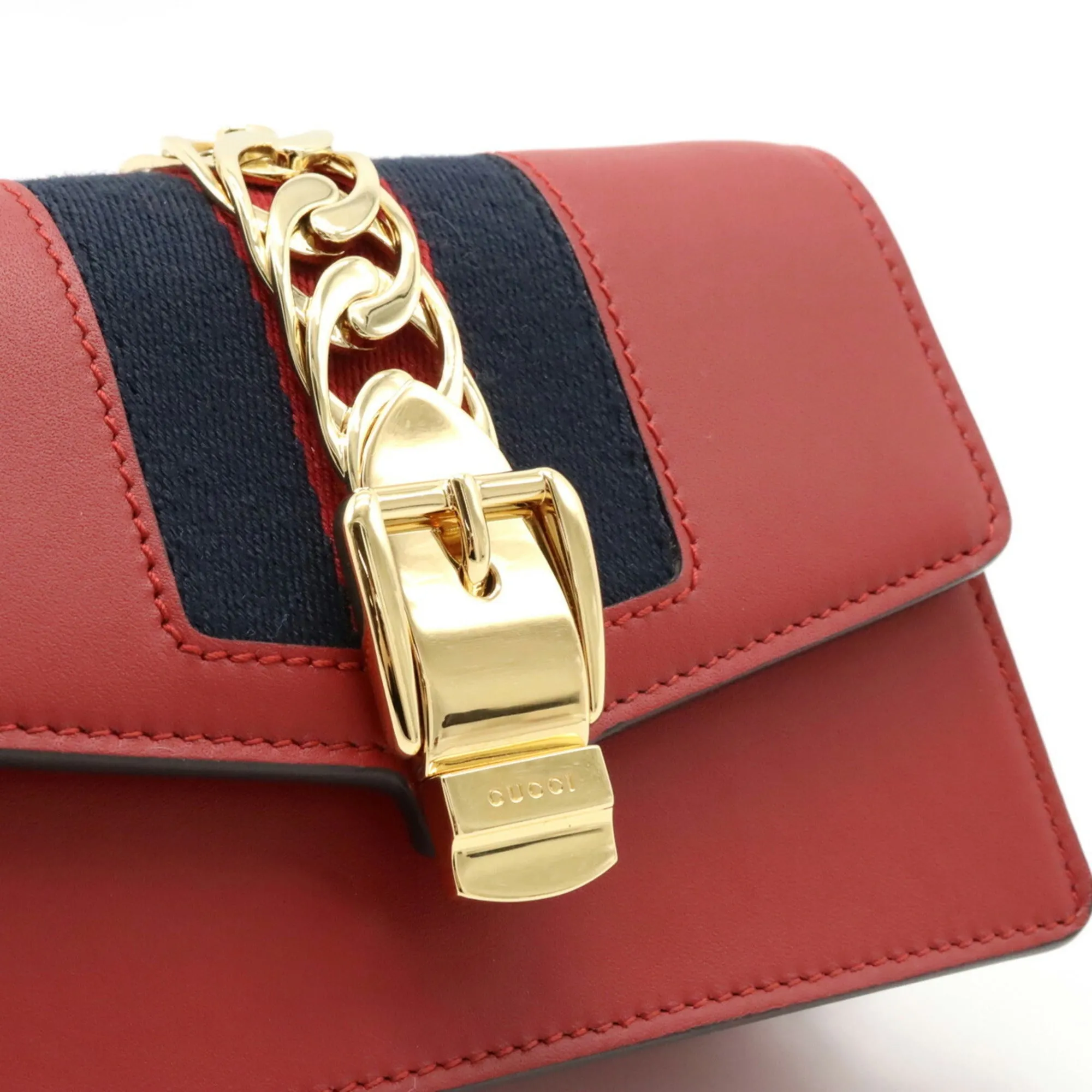 GUCCI Sylvie Webline Chain Shoulder Bag Pochette Clutch Leather Red 494646