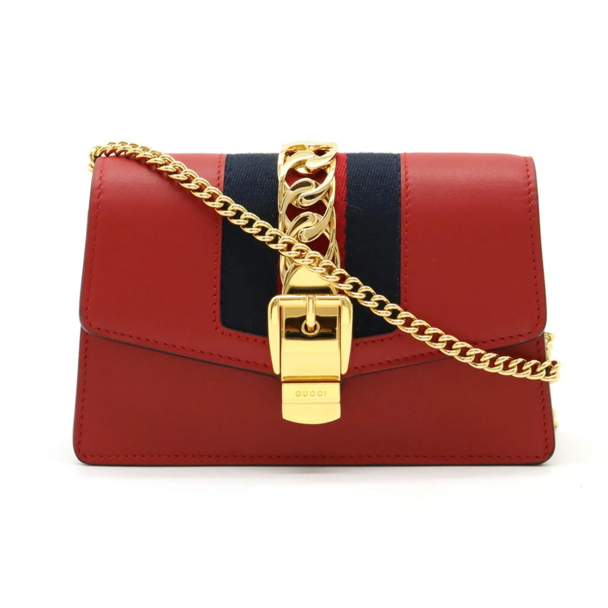 GUCCI Sylvie Webline Chain Shoulder Bag Pochette Clutch Leather Red 494646