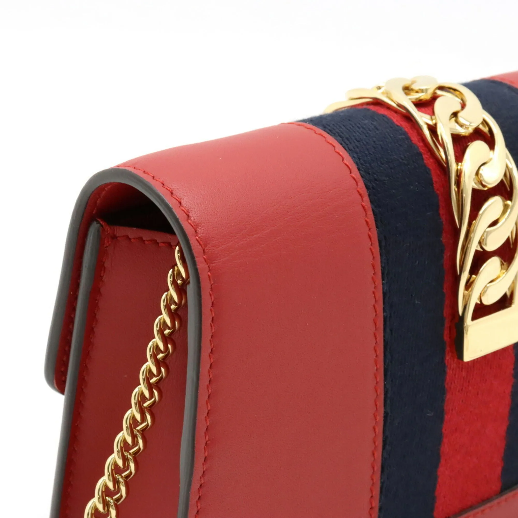 GUCCI Sylvie Webline Chain Shoulder Bag Pochette Clutch Leather Red 494646
