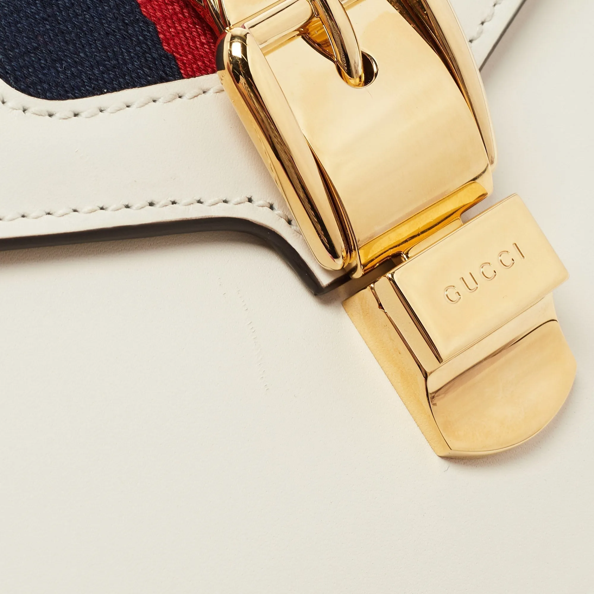 GUCCI White Leather Mini Web Sylvie Top Handle Bag