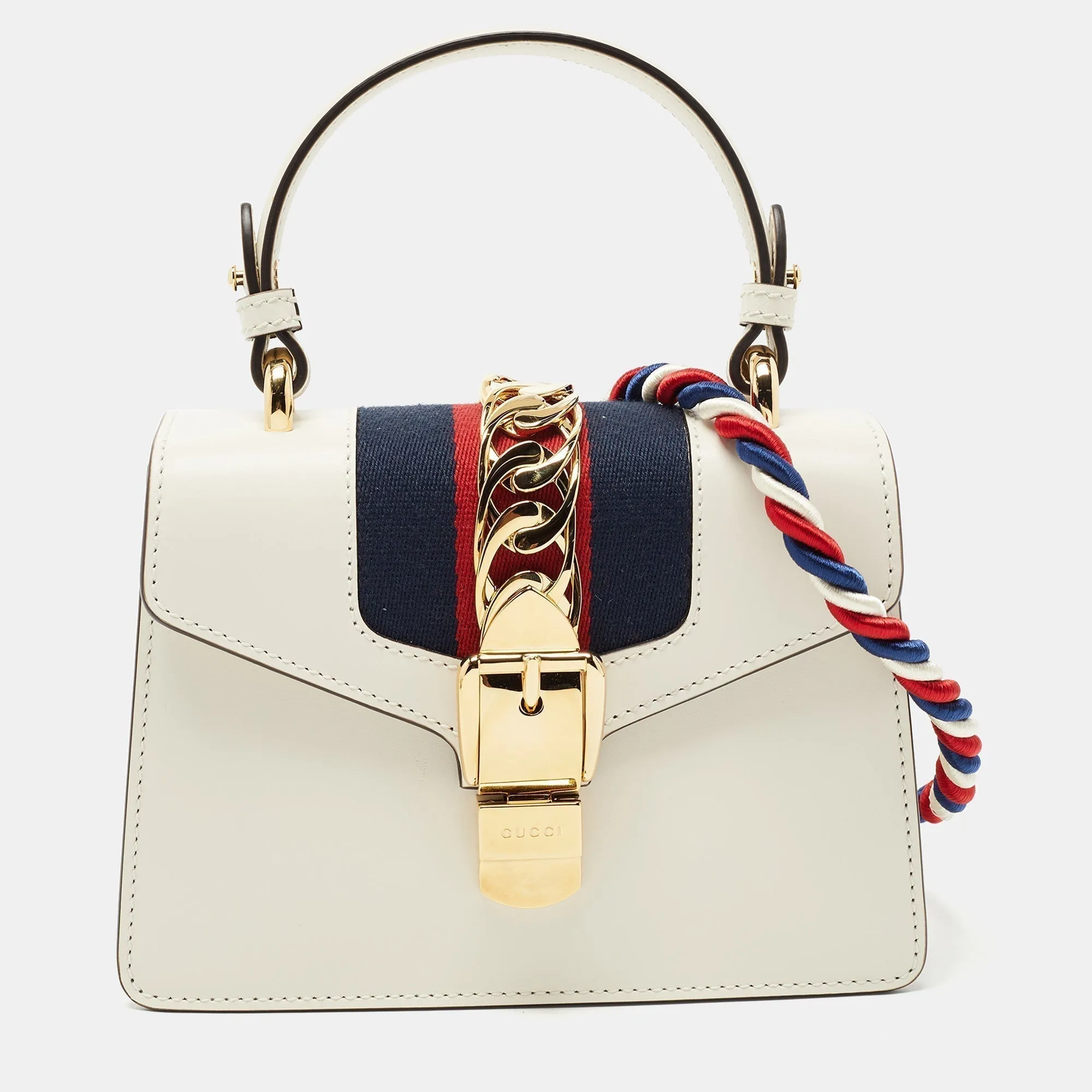 GUCCI White Leather Mini Web Sylvie Top Handle Bag