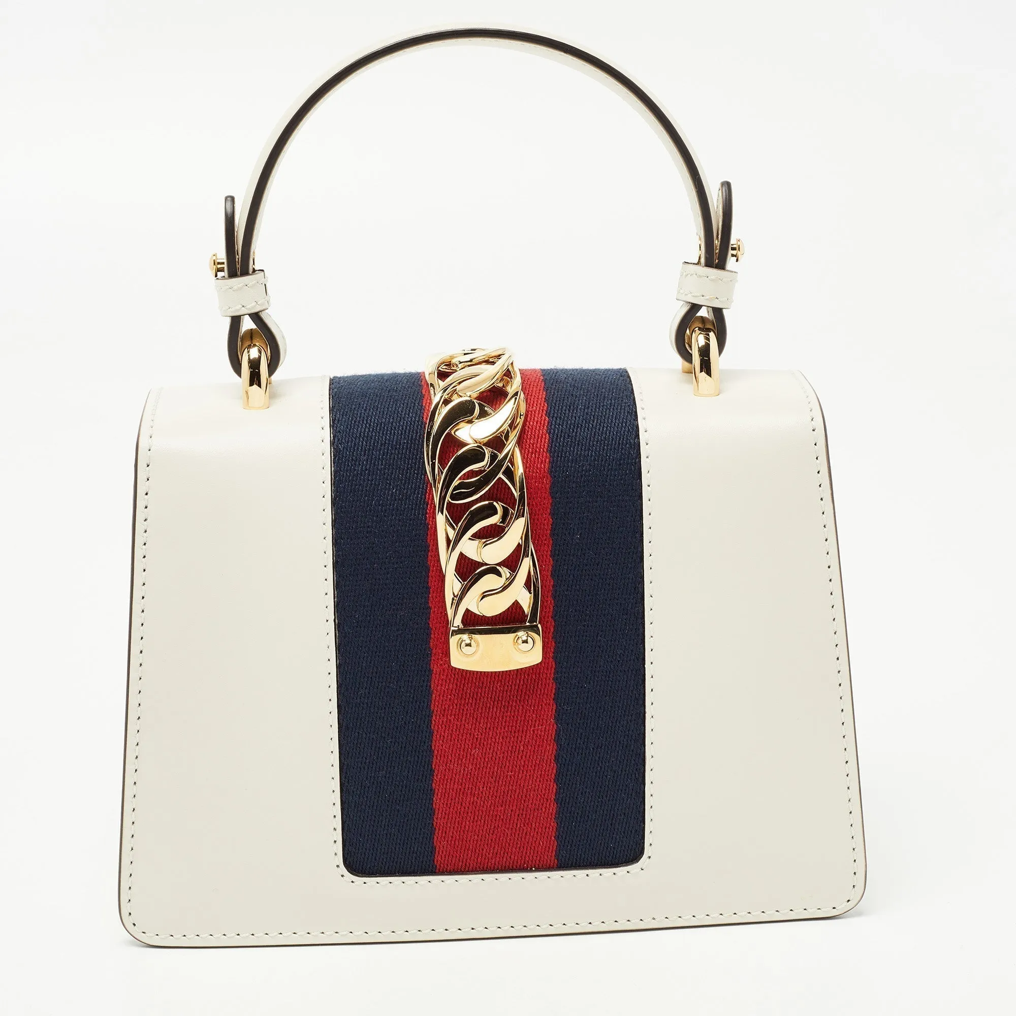 GUCCI White Leather Mini Web Sylvie Top Handle Bag