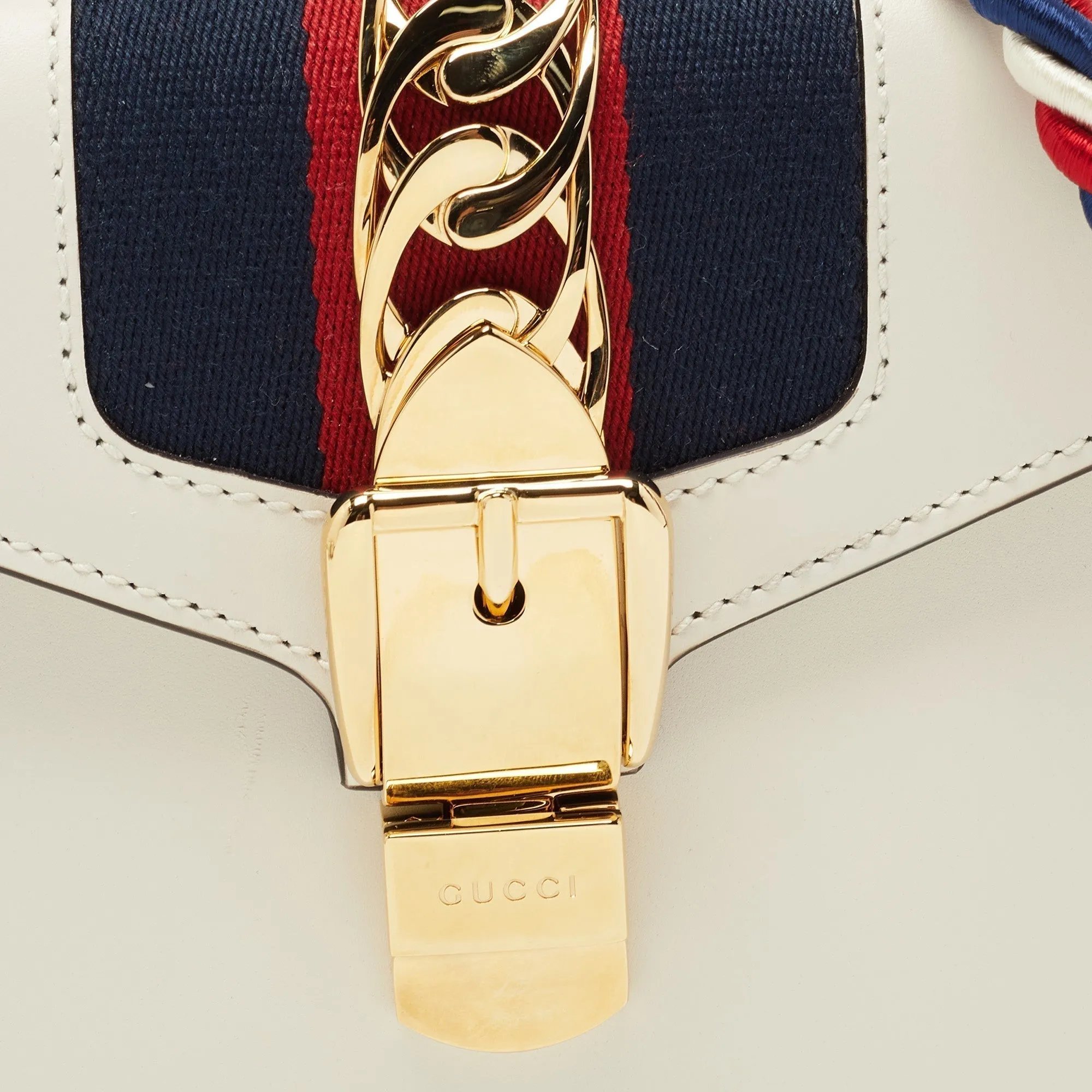 GUCCI White Leather Mini Web Sylvie Top Handle Bag