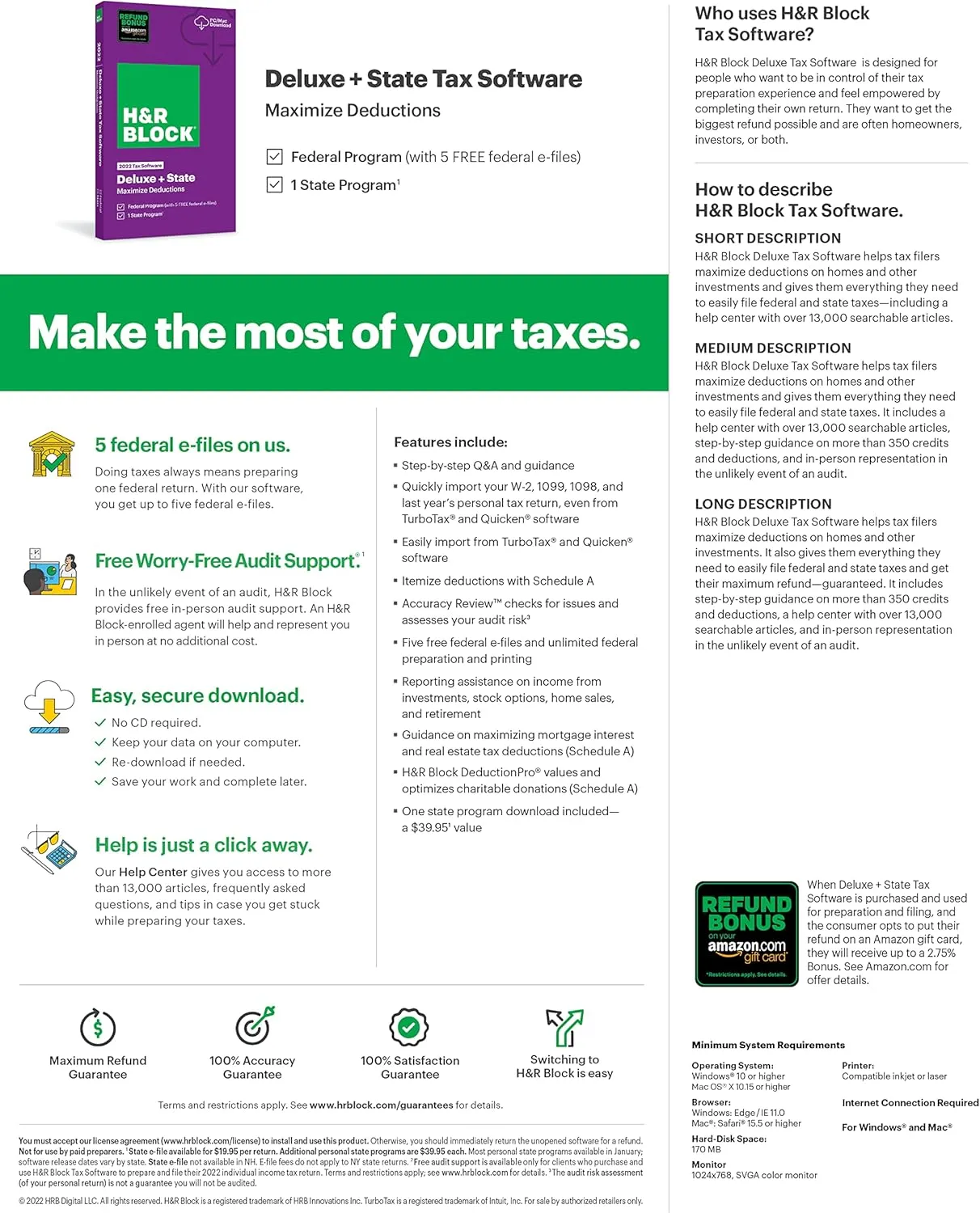 H&R Block Tax Software Deluxe   State 2022 with Refund Bonus Offer (Amazon Exclusive) [PC Download] (Old Version)