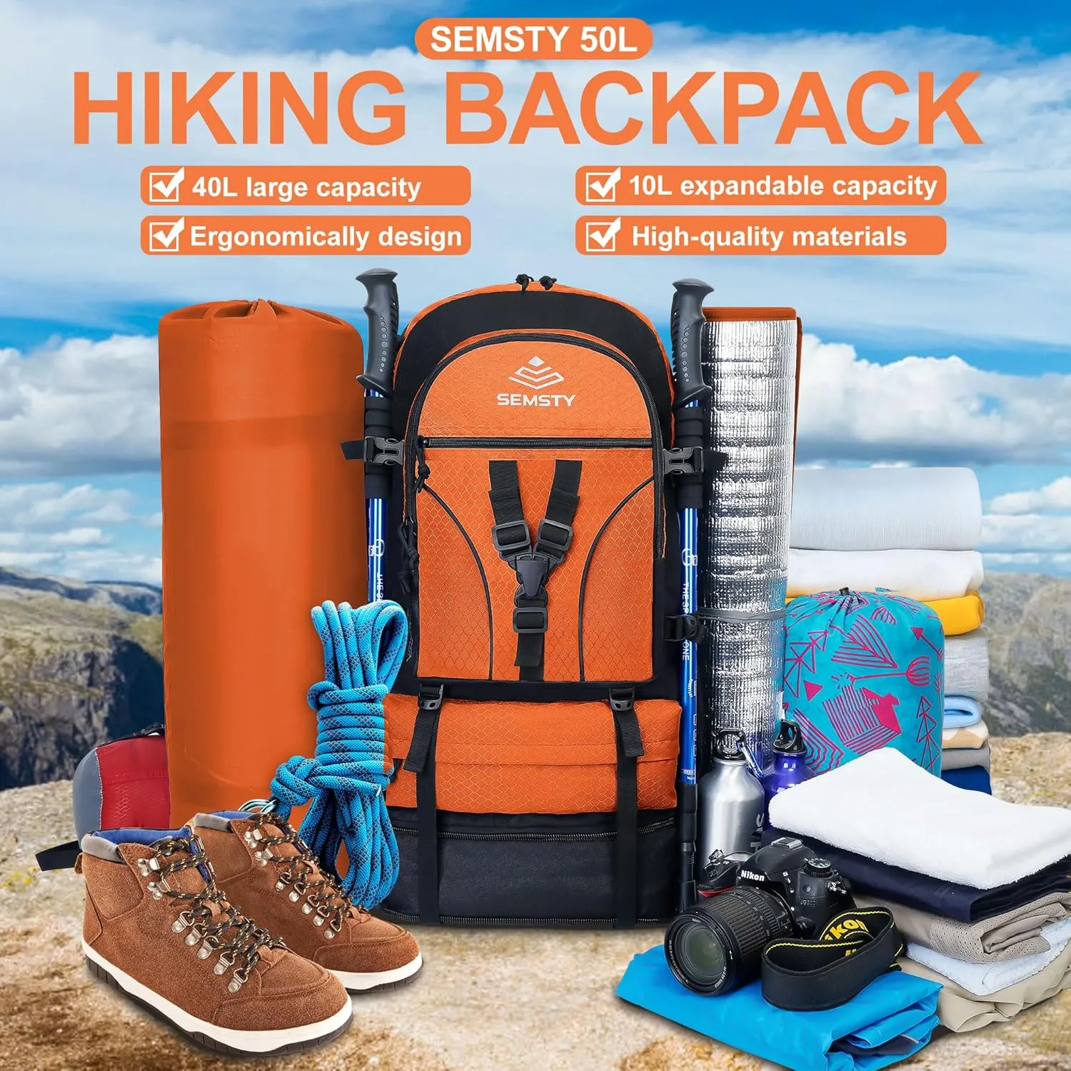 Hiking Backpack, 30L/40L/50L Expandable Hiking Backpack for Men and Women, Travel Backpack Flight Approved