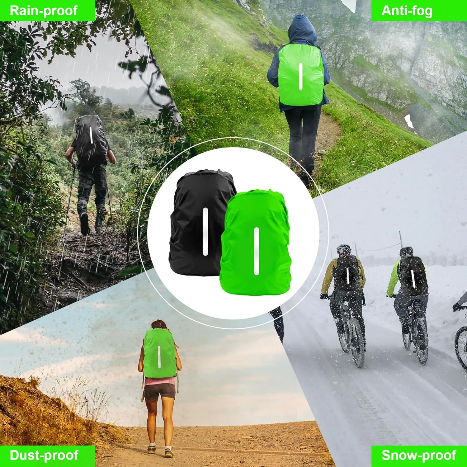 LAMA 2pcs Waterproof Rain Cover for Backpack, Reflective Rainproof Protector for Anti-dust and Anti-Theft M 30L-40L Black Green