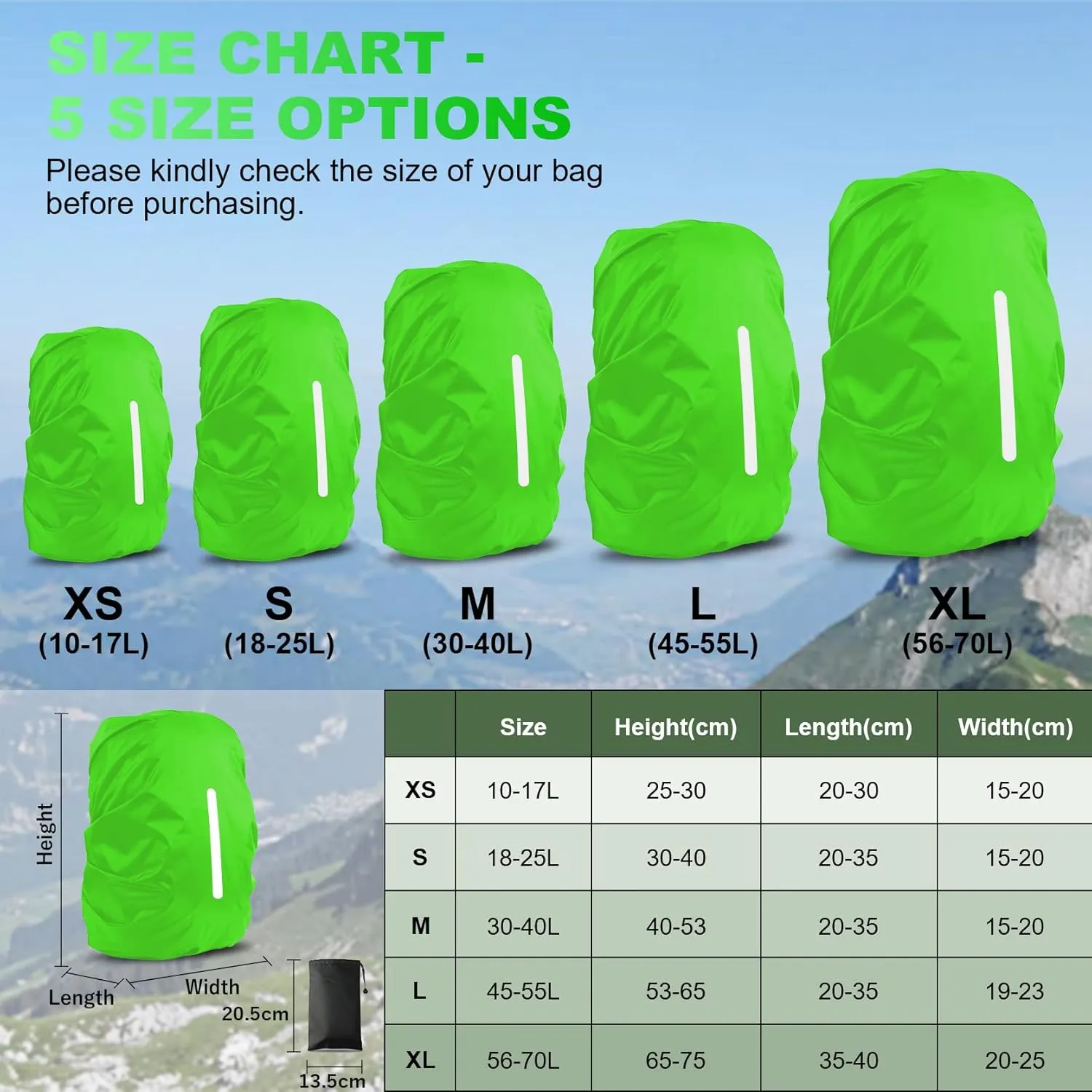 LAMA 2pcs Waterproof Rain Cover for Backpack, Reflective Rainproof Protector for Anti-dust and Anti-Theft M 30L-40L Black Green