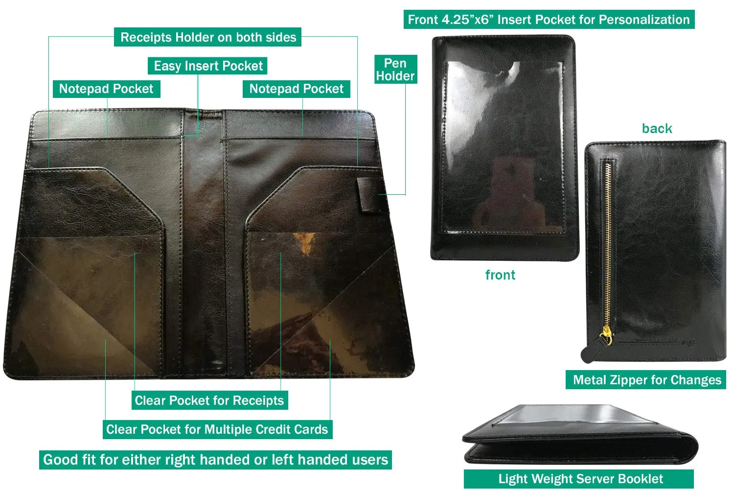 Large Waiter Book Wallet, Premier Waiter Organizer with 11 Pockets, Picture Slot, Coin Purse, Holds 2 Guest Checks | for R/Left Handed Waitress (MSP-350 Black)