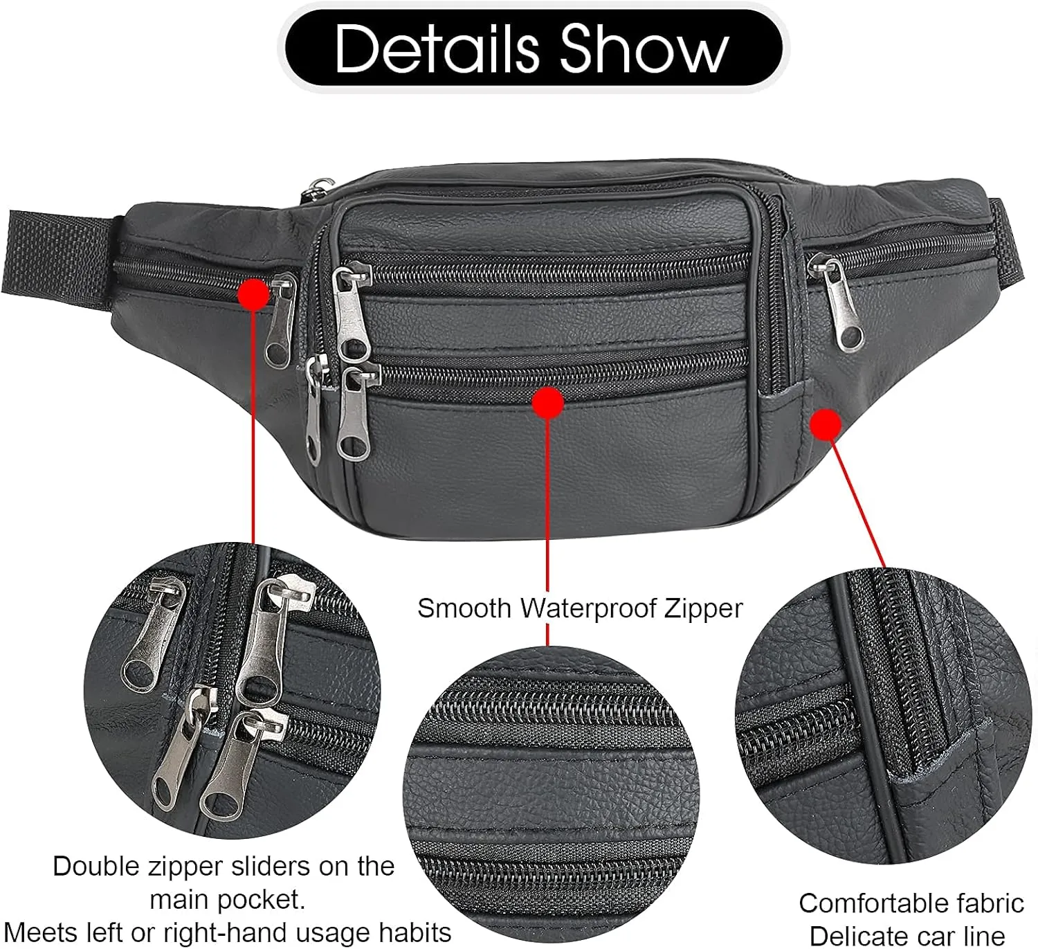 Leather Fanny Pack Travel Waist Bag 7 Pockets Waist Pack.Suitable for Outdoor Mountaineering Travel Camping Cycling Running etc FANNING511 Fanny pack (Black)