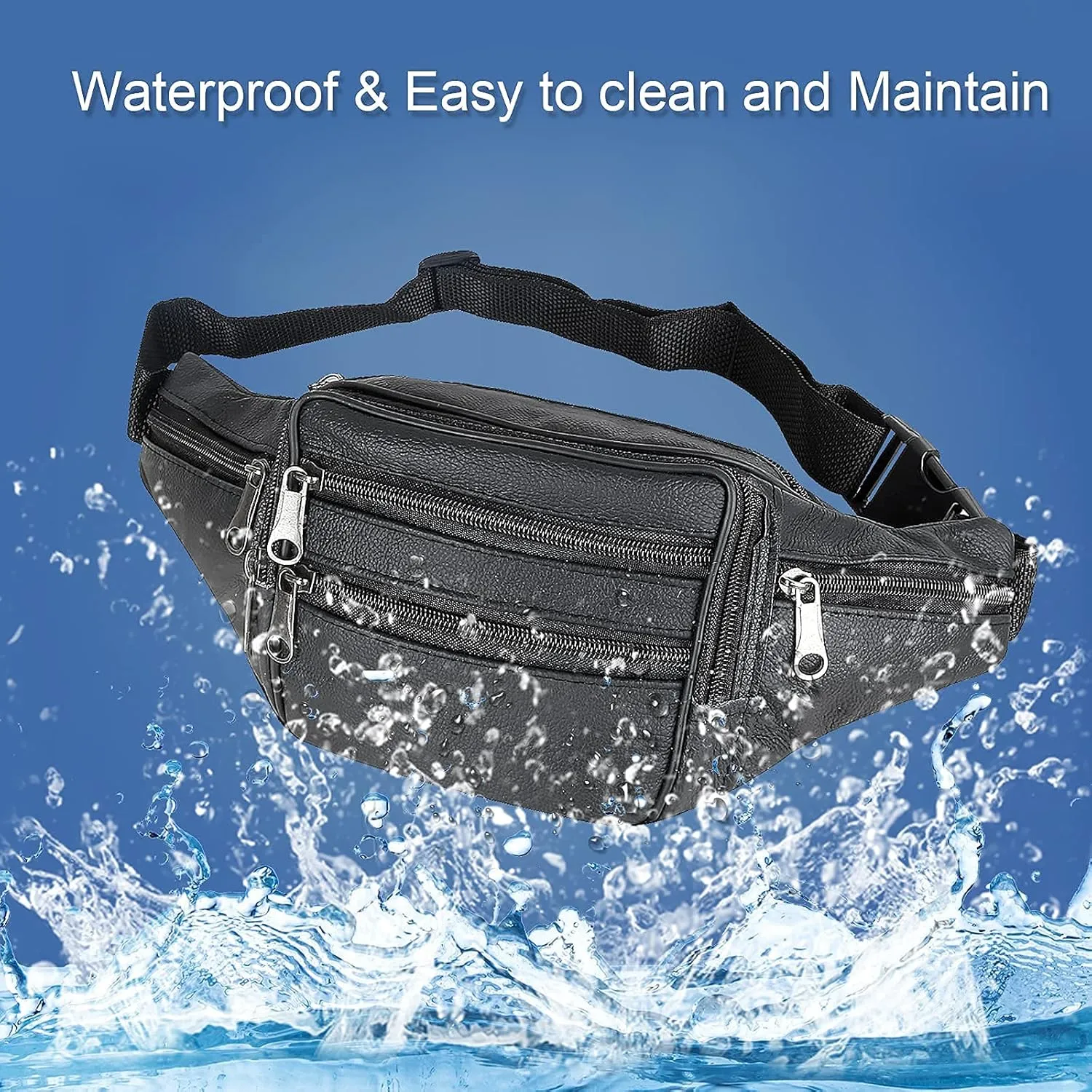 Leather Fanny Pack Travel Waist Bag 7 Pockets Waist Pack.Suitable for Outdoor Mountaineering Travel Camping Cycling Running etc FANNING511 Fanny pack (Black)