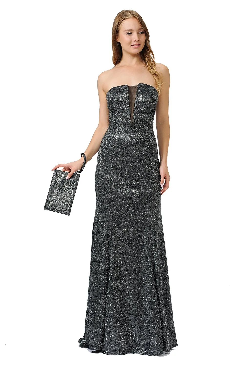 Long Strapless Metallic Glitter Dress by Poly USA 8490