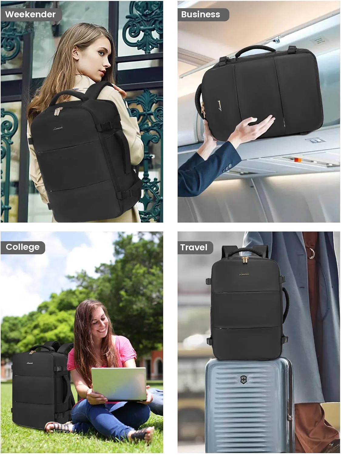 LOVEVOOK Travel Backpack for Women, Carry On Backpack Flight Approved with 3 Packing Cubes,TSA Personal Item Travel Bag Fits 15.6 Laptop,Weekender Hiking Business Luggage Daypack Black