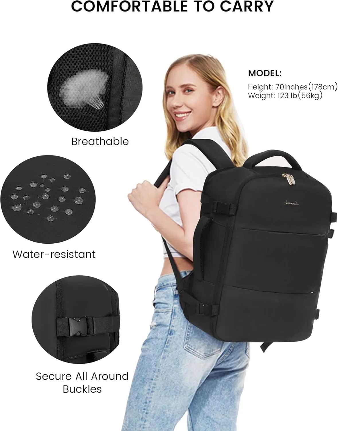 LOVEVOOK Travel Backpack for Women, Carry On Backpack Flight Approved with 3 Packing Cubes,TSA Personal Item Travel Bag Fits 15.6 Laptop,Weekender Hiking Business Luggage Daypack Black
