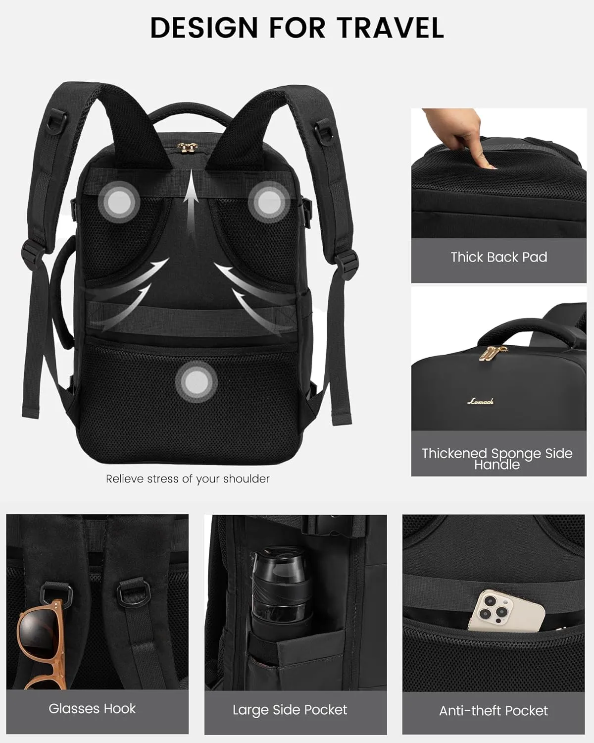 LOVEVOOK Travel Backpack for Women, Carry On Backpack Flight Approved with 3 Packing Cubes,TSA Personal Item Travel Bag Fits 15.6 Laptop,Weekender Hiking Business Luggage Daypack Black