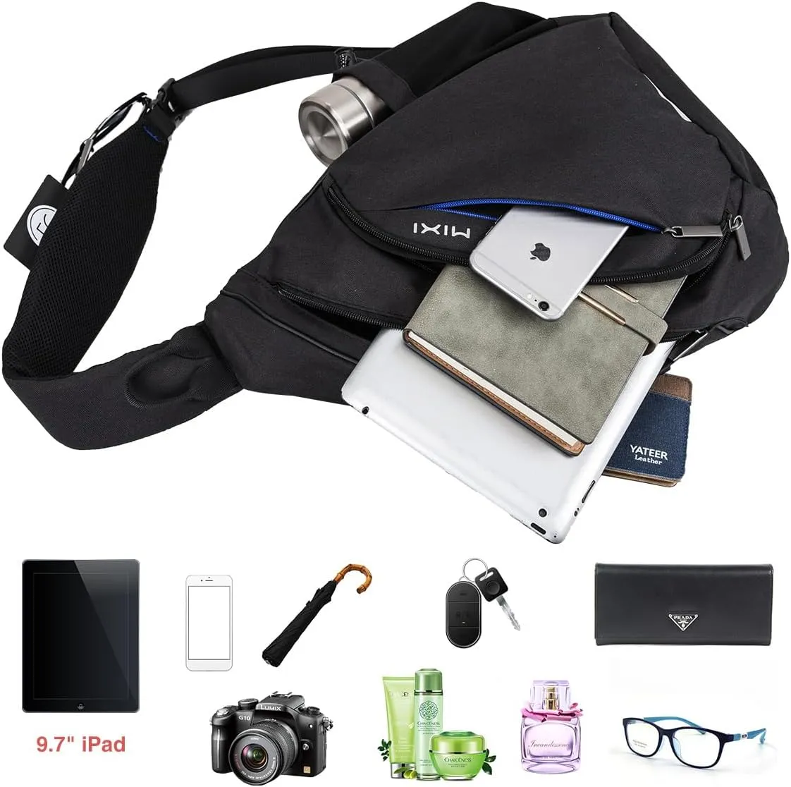 mixi Sling Bag Men Backpack Unisex One Shoulder Bag Hiking Travel Backpack Crossbody with USB Port for Men Women Versatile Casual Daypack-17 inch,Black