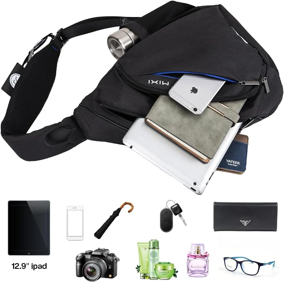 mixi Sling Bag Men Backpack Unisex One Shoulder Bag Hiking Travel Backpack Crossbody with USB Port for Men Women Versatile Casual Daypack-19 inch,Black