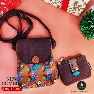 Mobile Sling Bag/Mini Wallet Combo- Gond Mustard Flying Bird