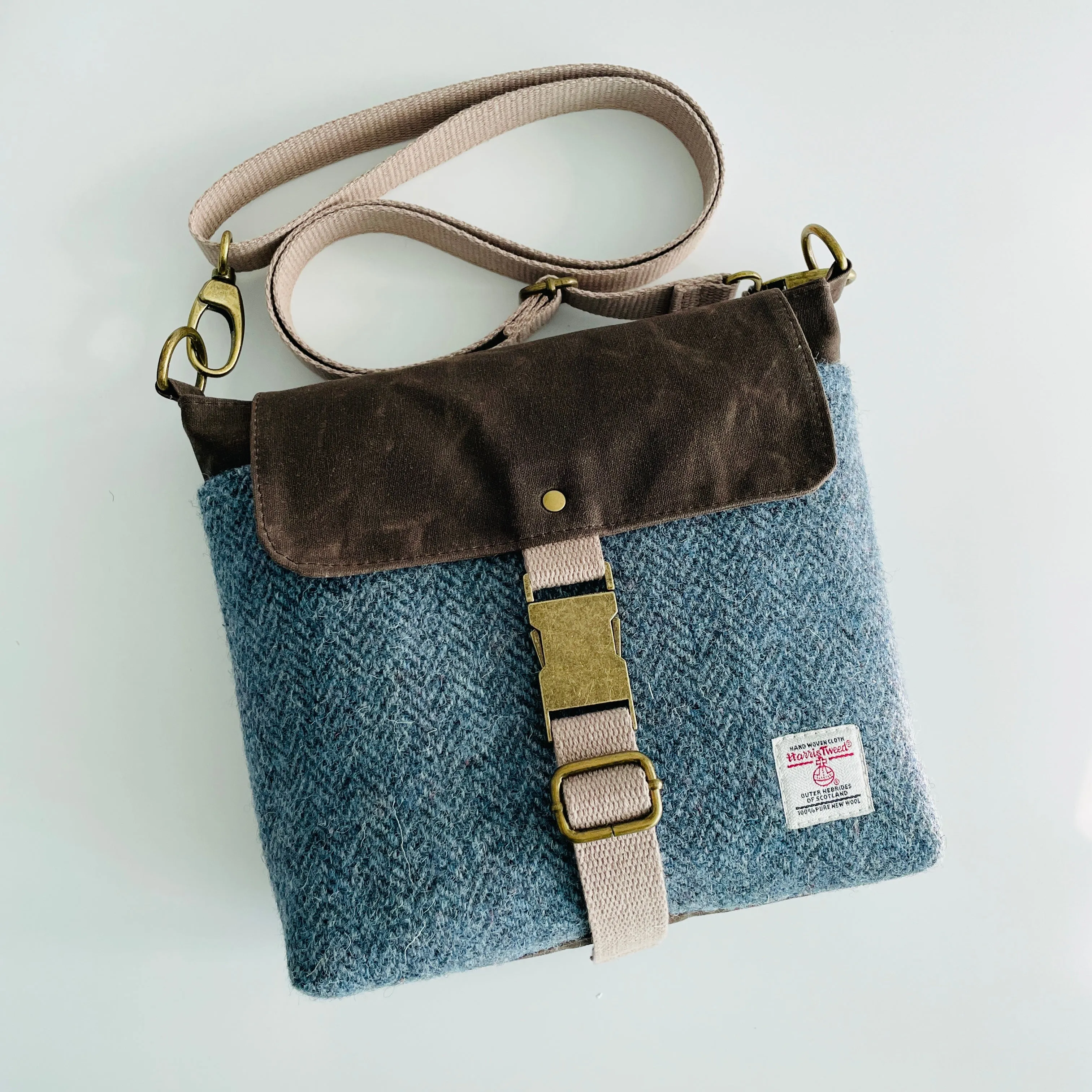 Small Harris Tweed Satchel, Blue Herringbone