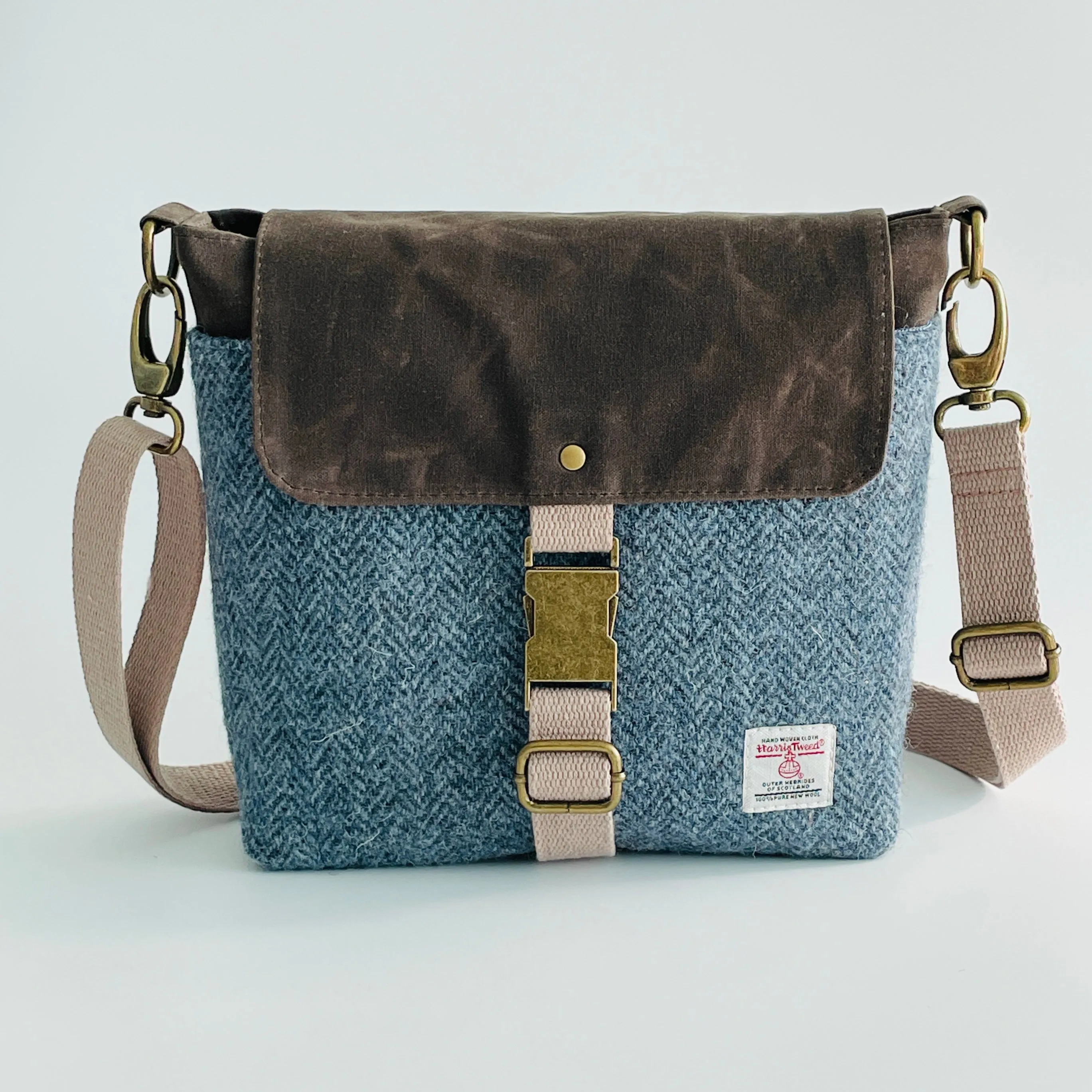 Small Harris Tweed Satchel, Blue Herringbone