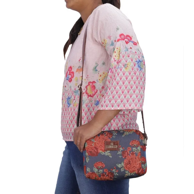 THE CLOWNFISH Adelina Series Sling for Women Faux Leather Casual Ladies Single Shoulder Bag For Women Crossbody Bag for College Girls (Purple-Floral)