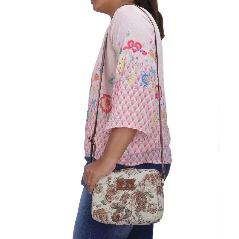 THE CLOWNFISH Alfreda Series Sling for Women Printed Handicraft Fabric & Faux Leather Casual Ladies Single Shoulder Bag For Women Crossbody Bag for College Girls (Black-Wave Design)