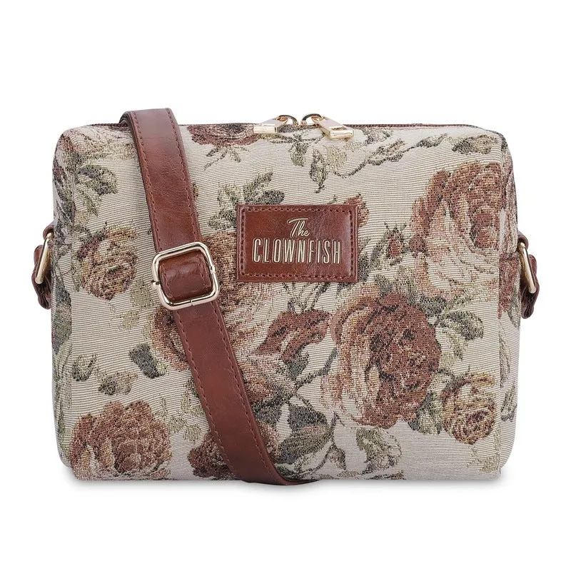 THE CLOWNFISH Alfreda Series Sling for Women Printed Handicraft Fabric & Faux Leather Casual Ladies Single Shoulder Bag For Women Crossbody Bag for College Girls (Black-Wave Design)